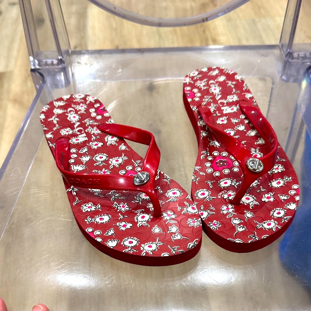 Coach Red Floral Flip-Flop Sandals with Logo Accent